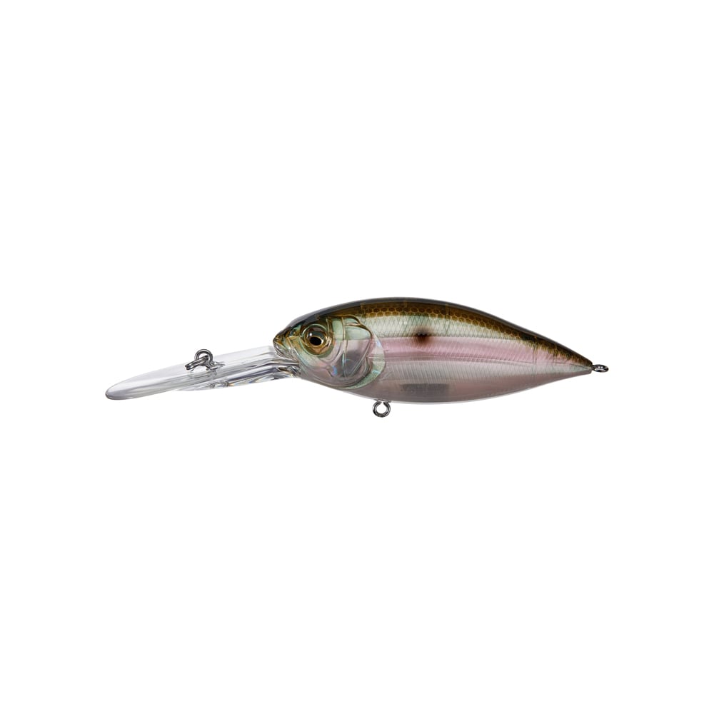 The Megabass Deep-X 300 Crankbait by Megabass is a realistic, fish-shaped deep diver with a long, clear plastic lip, green and brown top, white underside—ideal for offshore ledge fishing—shown on a plain white background.