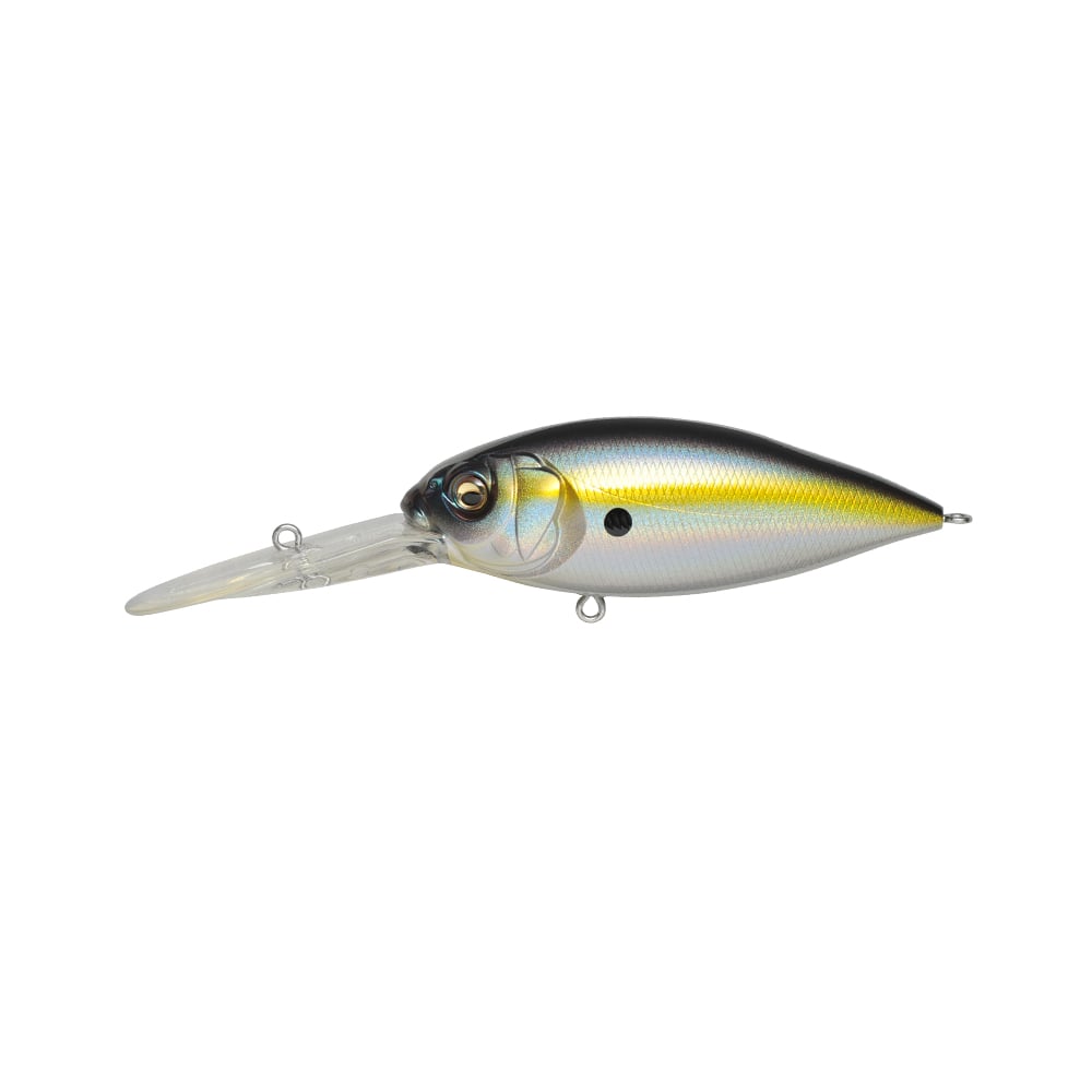 The Megabass Deep-X 300 Crankbait is a realistic, fish-shaped lure with a silver body, yellow stripe, black spot, and a large clear plastic lip—perfect for offshore ledge fishing.