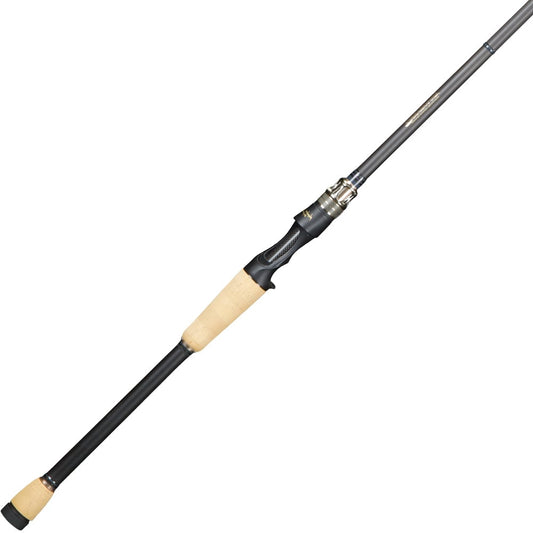 The Megabass Destroyer P5 The Dark Sleeper 7'1" Casting Rod | F4.1/2-71X, by Megabass, features a sleek black design with durable metal-plastic near the base and a cork handle split into two grips for comfort, displayed at a striking angle.