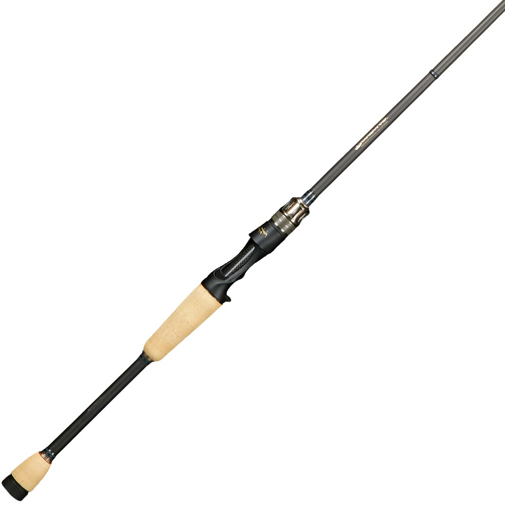 A Megabass Destroyer P5 Cyclone 6'6" Casting Rod (F4-66X) with a light cork handle, black graphite reel seat, and sleek black blank is shown diagonally against a white background.