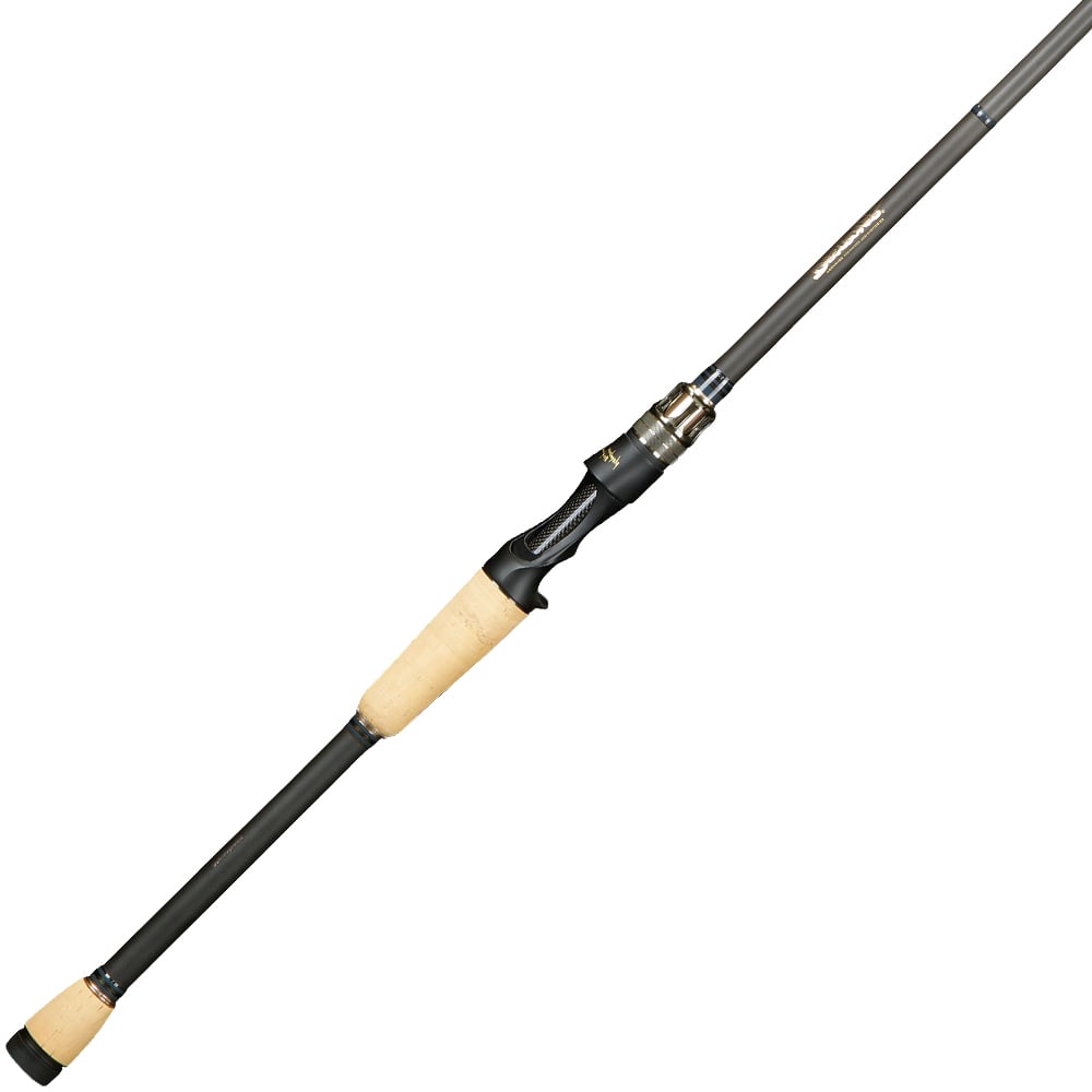 The Megabass Destroyer P5 X-Bites 7'2" Casting Rod by Megabass offers a sleek black design with a beige cork grip, featuring a slender build, metallic reel seat, and extra fast action tip for precision casting.
