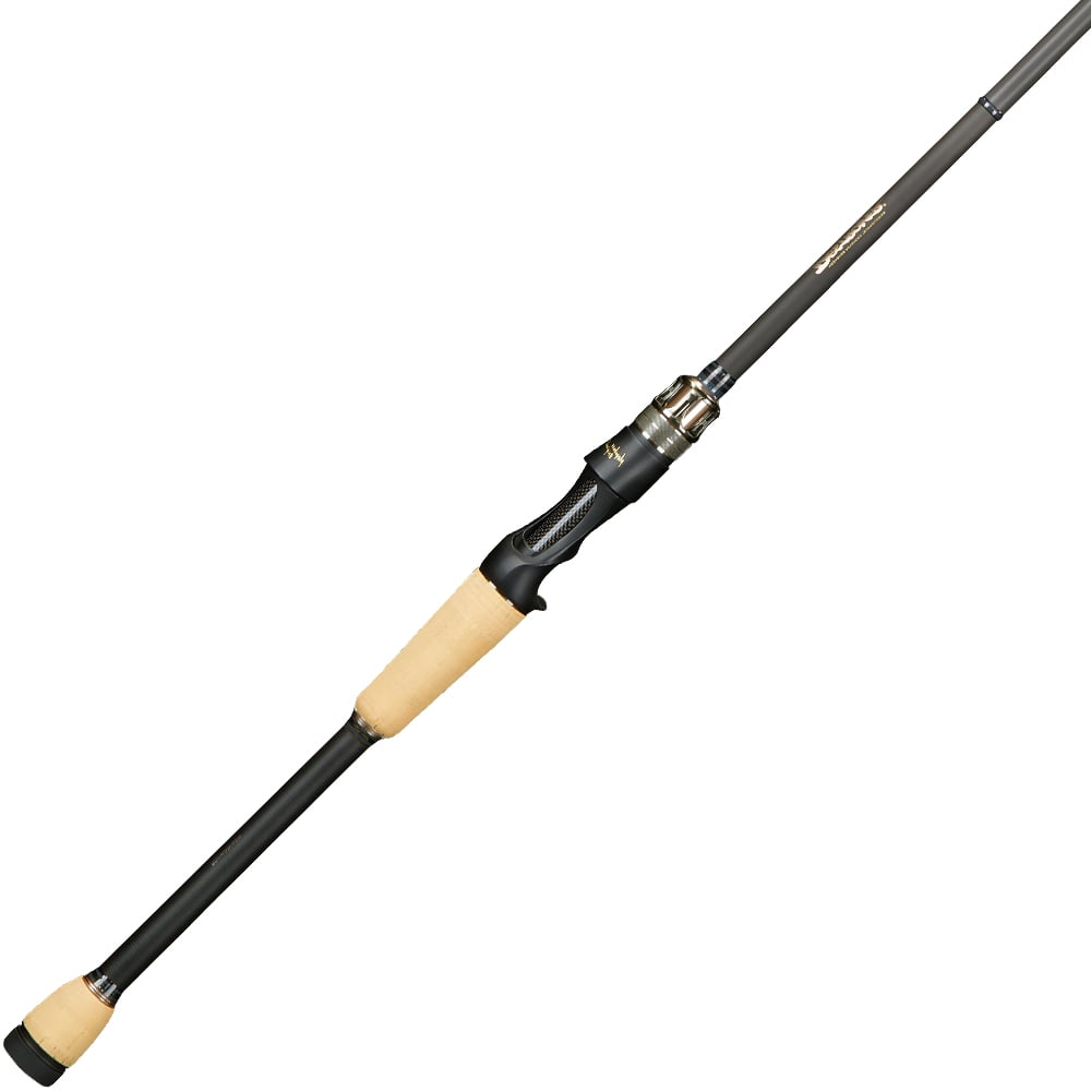The Megabass Destroyer P5 Tachyon Shaft 6'7" Casting Rod | F6.1/2-67X by Megabass features a black and tan design, cork handle, modern look, and advanced 5-D Graphite System, shown against a white background.