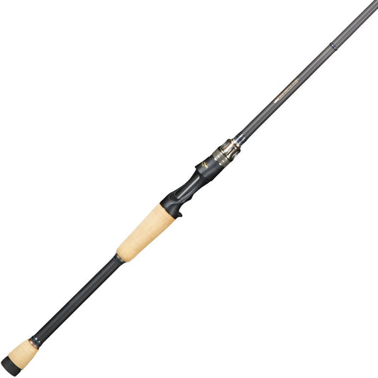 The Megabass Destroyer P5 Killer Code 6'6" Casting Rod (F6-66X) by Megabass features a black and tan handle with a 5-D Graphite System blank and reel seat, displayed diagonally on a white background.