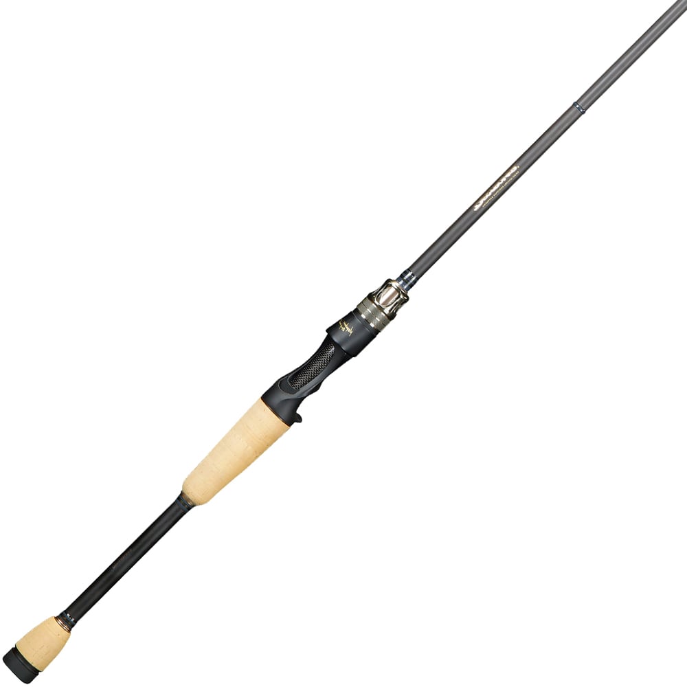The Megabass Destroyer P5 Siglett 6'6" Casting Rod (F0st-66X) features a sleek black body, textured grip, and light-colored cork handles at both ends—designed by Megabass for ultra finesse performance.