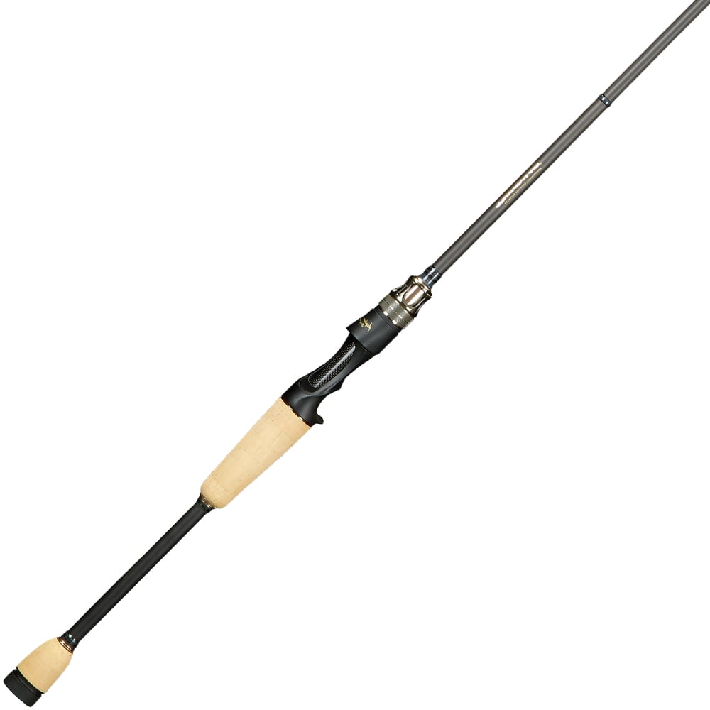 The Megabass Destroyer P5 Kasumi Six Eleven 6'11" Casting Rod (F2.1/2-611X) features a comfortable cork handle and a stylish black and silver finish, perfect for topwater techniques. Displayed diagonally on a white background.