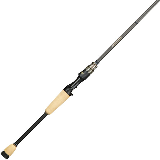 The Megabass Destroyer P5 Kasumi Six Eleven 6'11" Casting Rod (F2.1/2-611X) features a comfortable cork handle and a stylish black and silver finish, perfect for topwater techniques. Displayed diagonally on a white background.