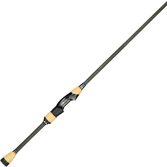 The Megabass Destroyer P5 Whippet 6'6" Spinning Rod (F2-66XS) features a black and silver shaft, black reel seat, and light cork handles at the bottom and middle, shown diagonally on a white background.