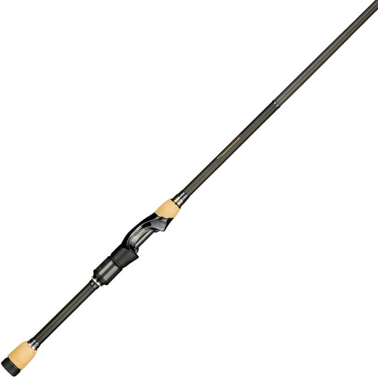 The Megabass Destroyer P5 Kirisame Kameyama Special 6'5" Spinning Rod (F5st-65XS) in black, featuring a cork handle and reel seat, is displayed at an angle on a white background.