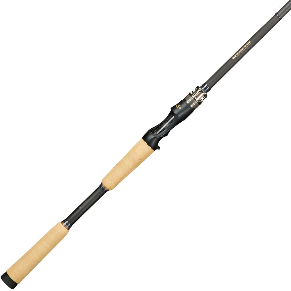 The Megabass Destroyer P5 Tequila of Baccarac 7'0" Casting Rod (F7-70X) features a cork handle, dark sleek shaft, and metallic reel seat, shown diagonally on a white background.