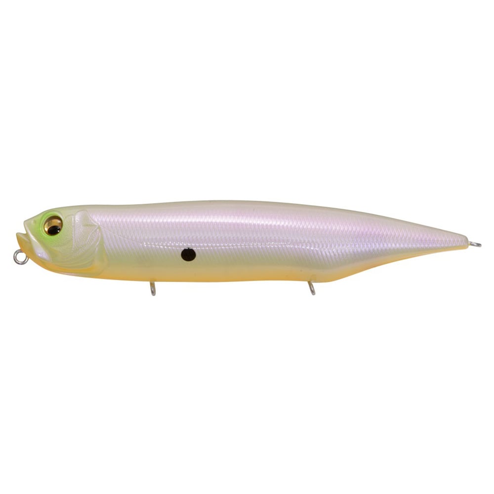 The Megabass Dog-X Diamante Rattle by Megabass is a shiny, fish-shaped topwater lure with a light purple-yellow body, green eyes, a black mid-spot, and metal hooks—perfect for irresistible walking action.