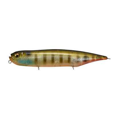 The Megabass Dog-X Diamante Rattle is a realistic topwater lure from Megabass, designed like a small fish with green and yellow stripes, blue-tinted face, orange underside, and metal hooks for enticing walking action.