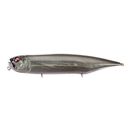 The Megabass Dog-X Diamante Rattle by Megabass is a metallic gray topwater lure shaped like a small fish, featuring detailed scales, red and black eyes, and hooks for highly effective walking action.
