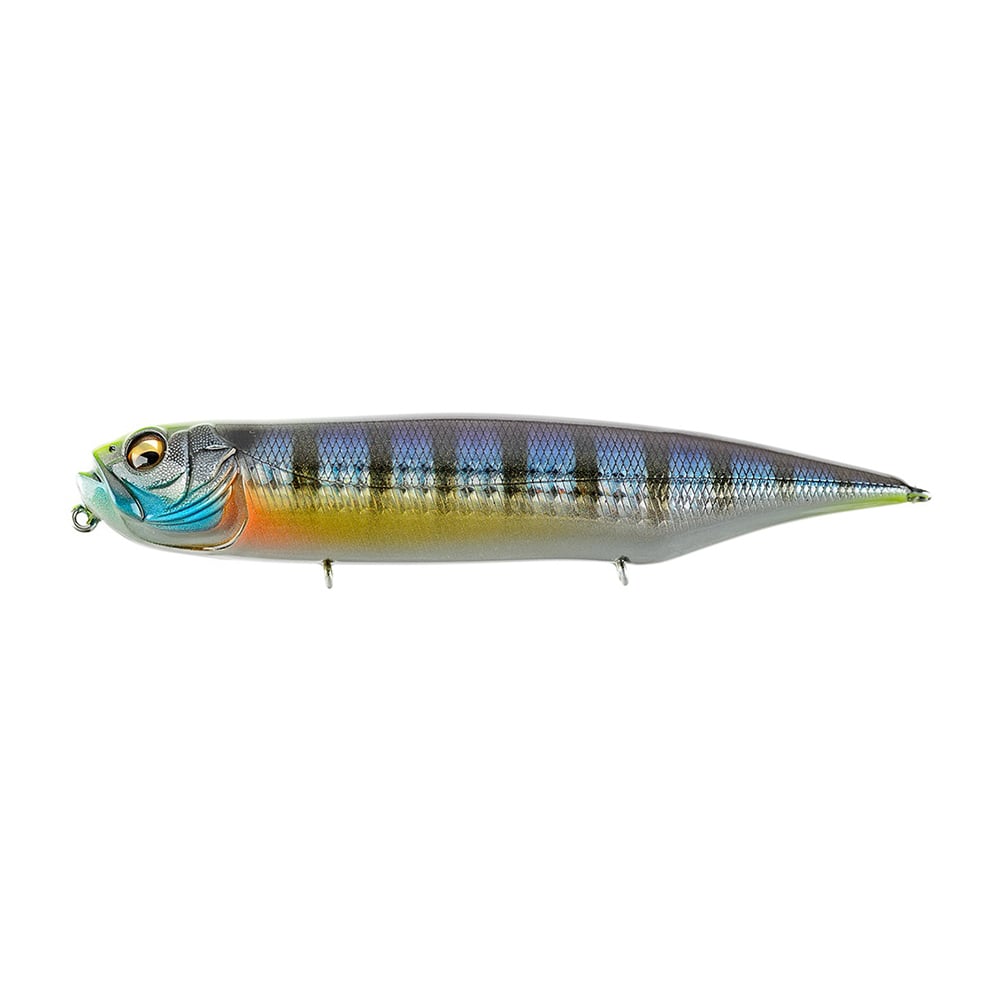 The Megabass Dog-X Diamante Rattle is a vibrant topwater lure shaped like a small fish, featuring metallic blue, green, and yellow with black stripes, an orange gill patch, and an enticing walking action.