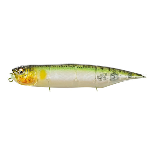 The Megabass Dog-X Diamante Rattle is a realistic topwater lure shaped like a small fish, with green and yellow on top, a silver belly, orange near the gills, a reflective finish, and an enticing walking action.