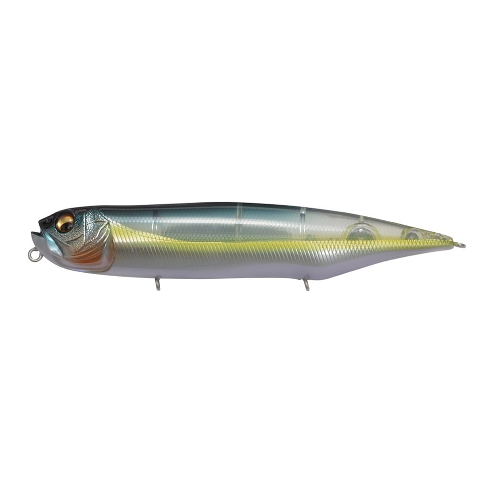 The Megabass Dog-X Diamante Rattle by Megabass is a lifelike, fish-shaped topwater lure with metallic blue-gray back, yellow sides, white belly, painted eyes, gill markings, realistic walking action, and three hook attachments.