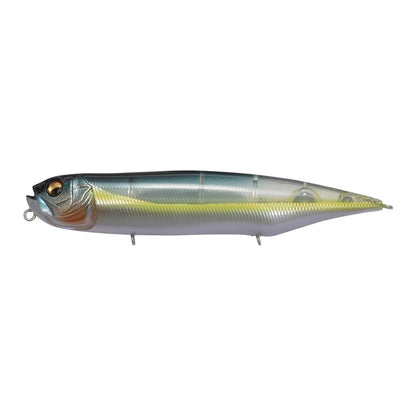 The Megabass Dog-X Diamante Rattle by Megabass is a lifelike, fish-shaped topwater lure with metallic blue-gray back, yellow sides, white belly, painted eyes, gill markings, realistic walking action, and three hook attachments.