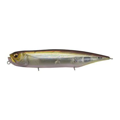 The Megabass Dog-X Diamante Rattle is a realistic, shiny topwater lure with gold and silver fish-like colors, detailed eyes, hook attachments, and an enticing walking action.
