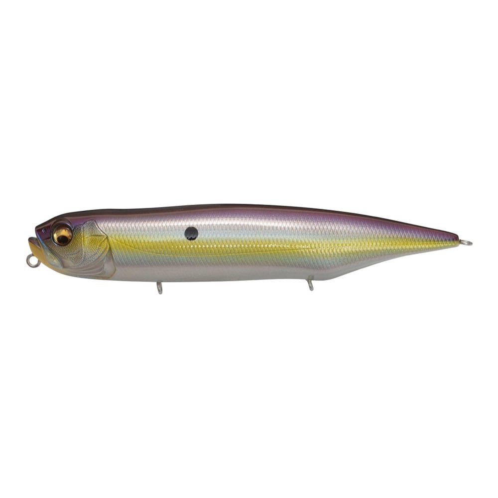 The Megabass Dog-X Diamante Rattle is a shiny, metallic topwater lure shaped like a small fish, featuring realistic eyes, textured scales, attachment points at mouth and underside, and lifelike walking action.