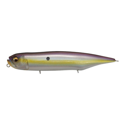 The Megabass Dog-X Diamante Rattle is a shiny, metallic topwater lure shaped like a small fish, featuring realistic eyes, textured scales, attachment points at mouth and underside, and lifelike walking action.