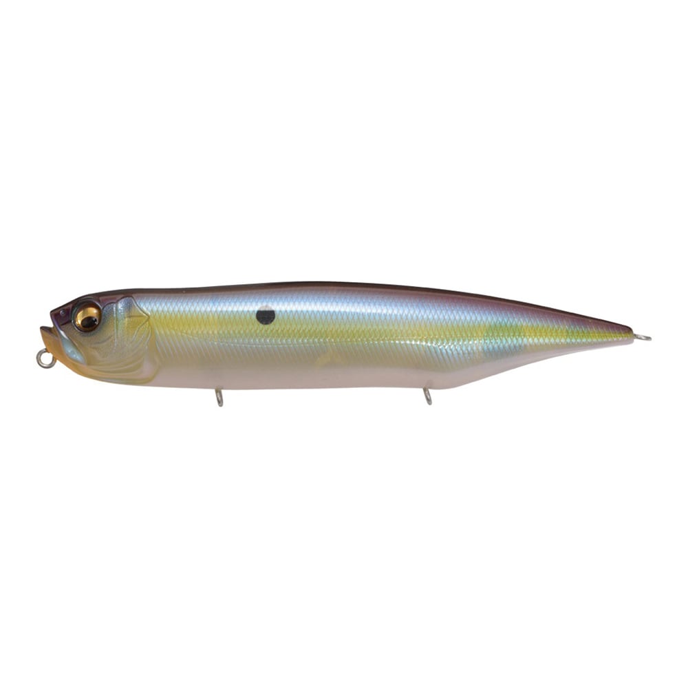 The Megabass Dog-X Diamante Rattle by Megabass is a realistic, topwater lure with a metallic sheen, yellowish tint, black spot near the head, lifelike eyes, walking action, and front/bottom attachment loops.