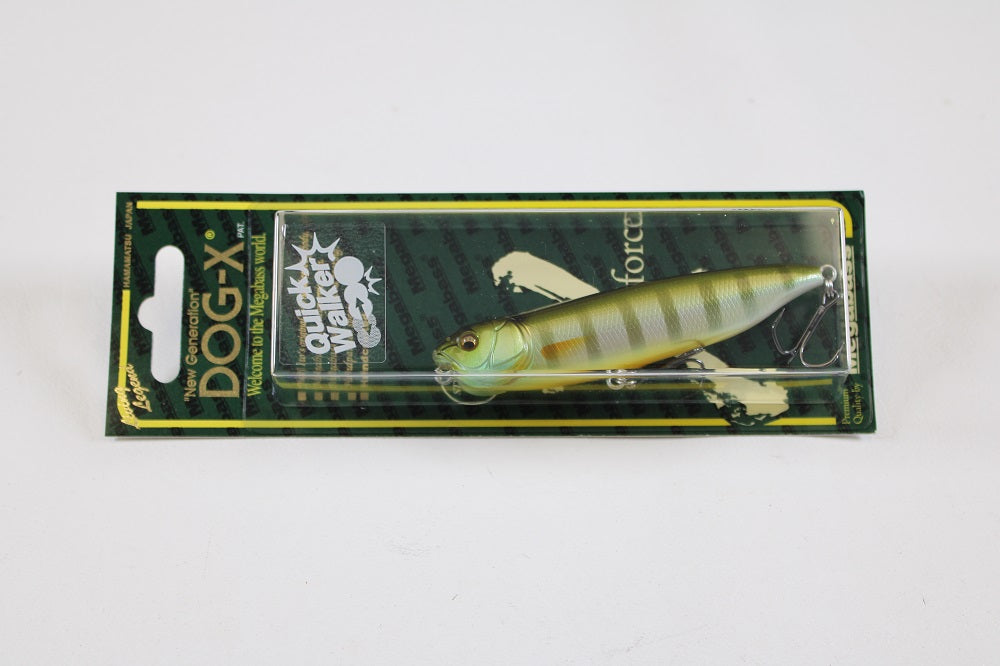 The Megabass Dog-X Quick Walker pencil bait fishing lure by Megabass comes packaged and features a unique one-knock sound designed to attract more fish.