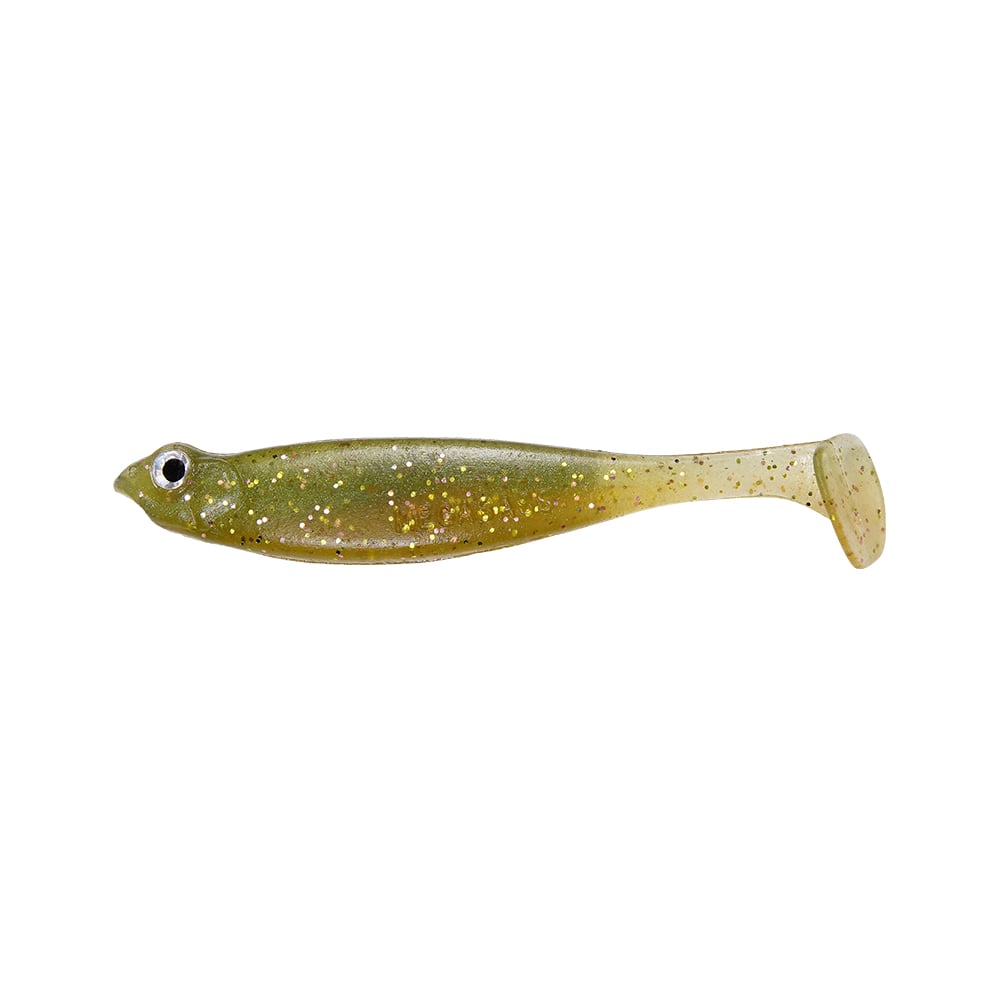 The Megabass Hazedong Shad is a soft plastic fishing lure shaped like a small fish, featuring a green top, beige bottom, and gold-speckled rounded tail for finesse kicking action. It has realistic eye detail and is perfect for a dropshot rig.