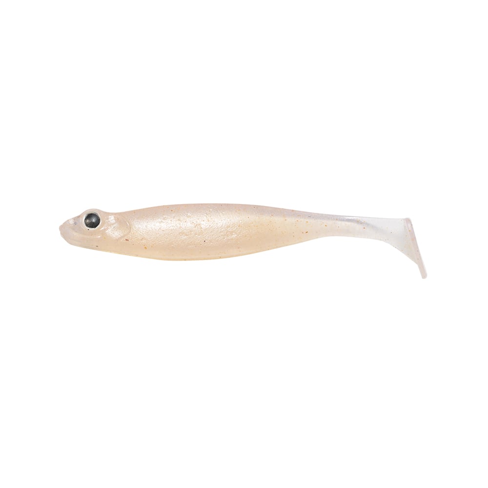 The Megabass Hazedong Shad is a small, translucent soft plastic bait with a fish-like shape, rounded body, and short tail. It has a pale color with a glossy finish and features a round black eye near the front, offering finesse kicking action ideal for dropshot rigs.