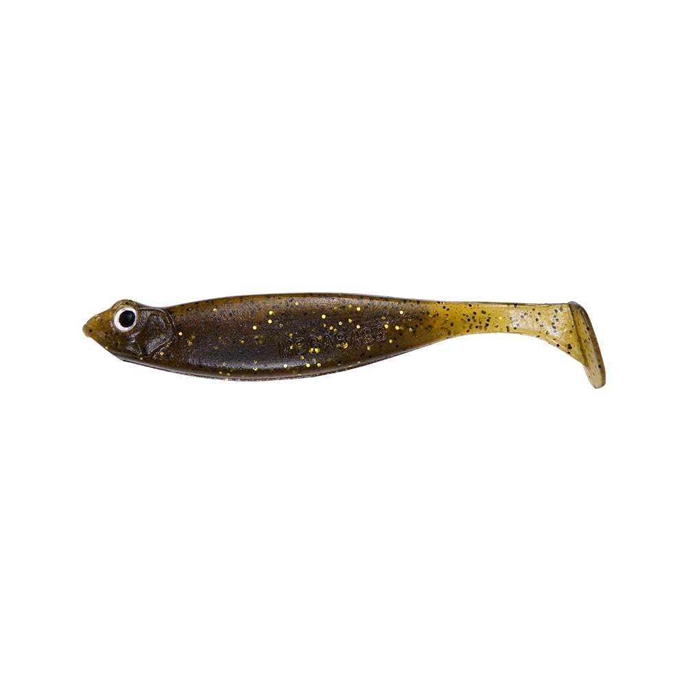 Introducing the Megabass Hazedong Shad, a fishing lure crafted with a dark brown body and gradient golden tail featuring gold specks. Its finesse kicking action and design perfectly mimic swimming movement, ideal for captivating your next catch.