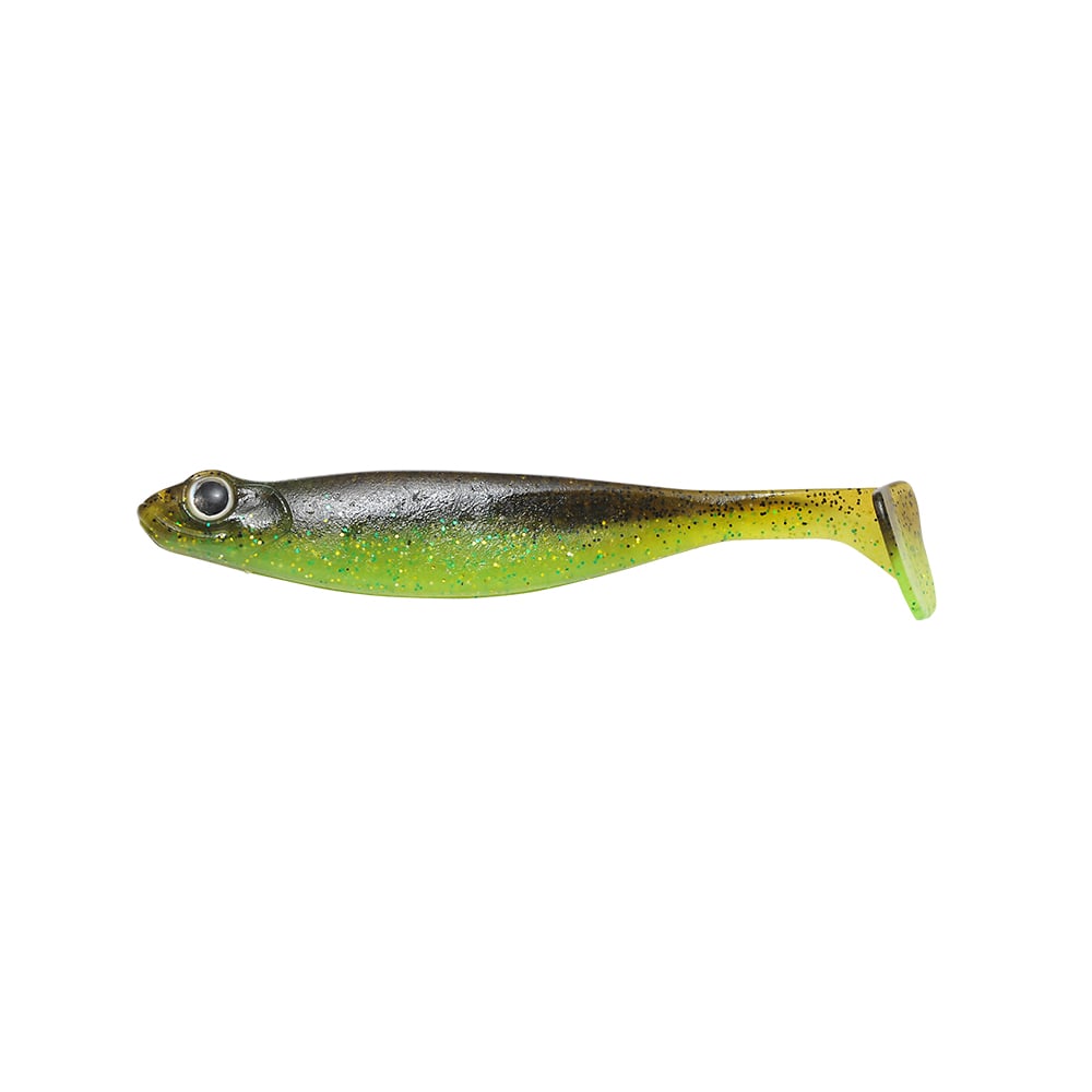 The Megabass Hazedong Shad is a green and black soft plastic fishing lure featuring a paddle tail and finesse kicking action. With realistic eyes and speckled black spots, it shines on a dropshot rig against a plain white background.
