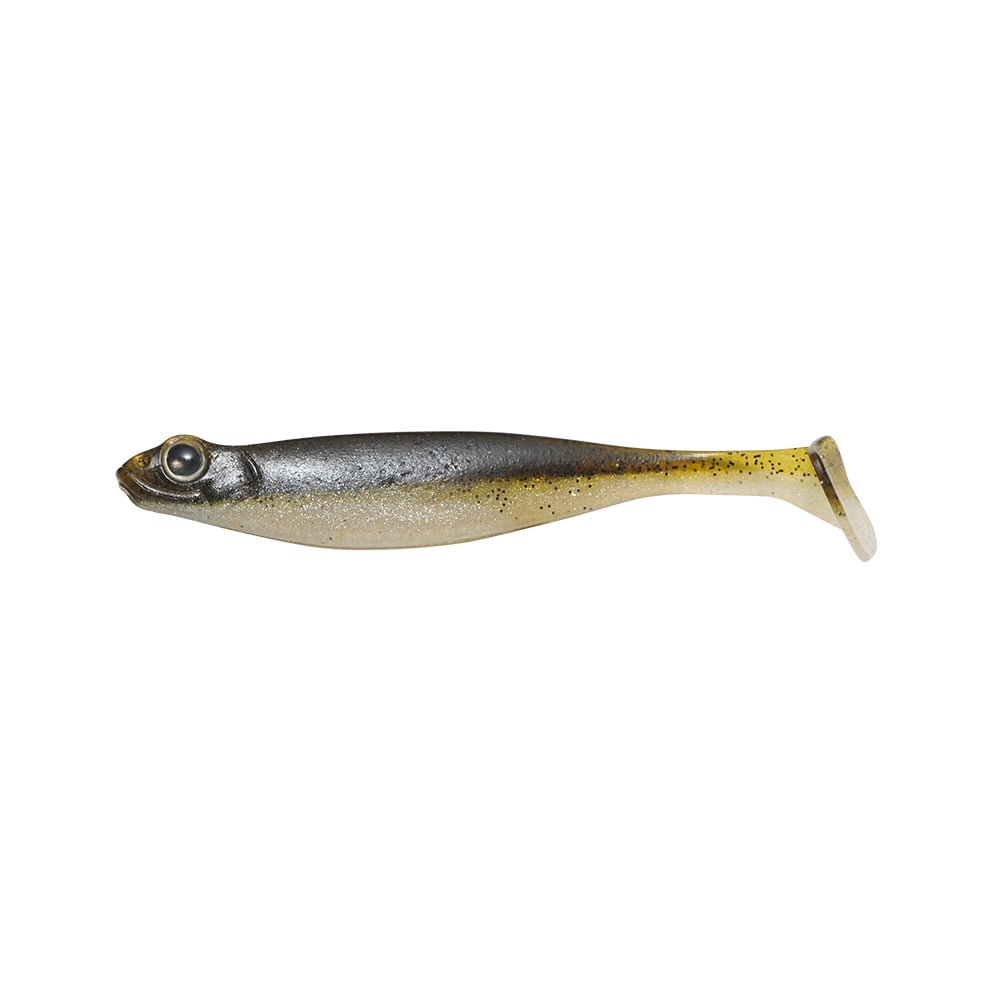 Shaped like a small fish, the Megabass Hazedong Shad lure has a silvery body, dark back, detailed eyes, and smooth texture. Its finesse kicking action mimics live bait, making it perfect for dropshot rigs.