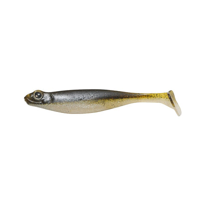 Shaped like a small fish, the Megabass Hazedong Shad lure has a silvery body, dark back, detailed eyes, and smooth texture. Its finesse kicking action mimics live bait, making it perfect for dropshot rigs.