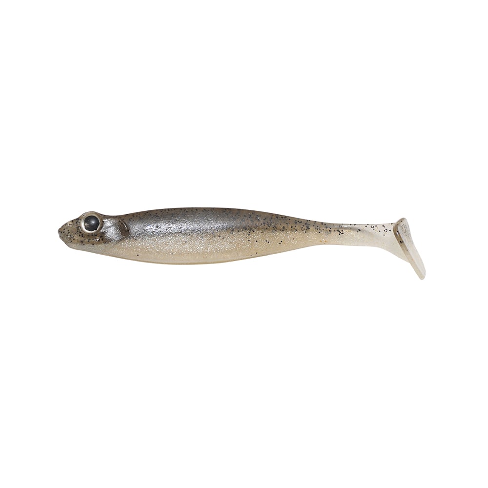 The Megabass Hazedong Shad by Megabass is a lifelike gray and white plastic lure with black speckles and a large eye. Ideal for dropshot rigs, its finesse kicking action mimics natural movement to attract fish in freshwater and saltwater.