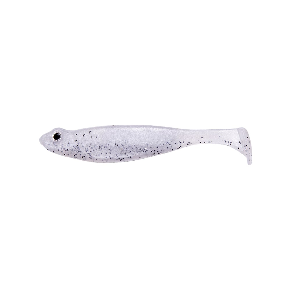The Megabass Hazedong Shad, a translucent gray soft plastic lure by Megabass, mimics a small fish with black speckles and a single eye. Designed for angling, it offers finesse kicking action with its streamlined body and slightly forked tail, ideal for dropshot rigs against white backgrounds.