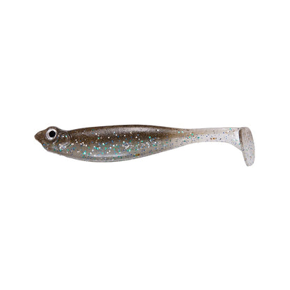 The Megabass Hazedong Shad is a small fish-shaped lure with a brown top and translucent body, speckled with blue and silver glitter. It features a prominent eye, paddle tail for finesse kicking action, making it perfect for dropshot rigs.