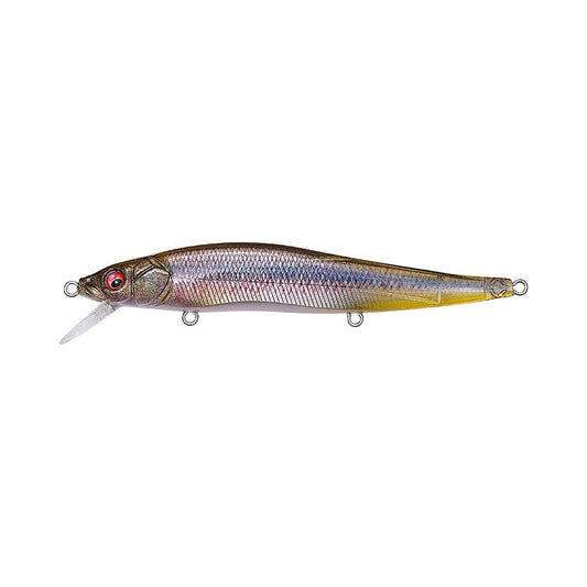 The Megabass ITO Vision 110 FA Ghost Kawamutsu by Megabass is a multicolored, life-like suspending jerkbait with a shiny scale pattern, red eyes, three loops, and a plastic lip—ideal for tournament fishing.