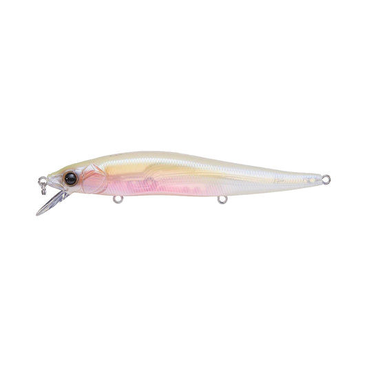 The Megabass Vision 110 Jerkbait by Megabass features a slender, translucent fish-shaped body, small lip near the head, lifelike eyes, pink and yellow side accents, and multiple underside attachment points—perfect for tournament fishing.