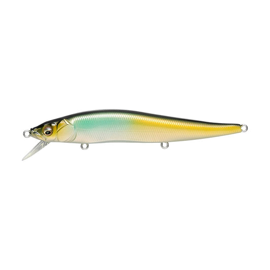 The Megabass ITO Vision 110 Ito Natural features a slender, fish-shaped body with a yellow-green gradient, silver underside, lifelike eyes, three metal loops, and precise tungsten balancers for realistic fishing action.
