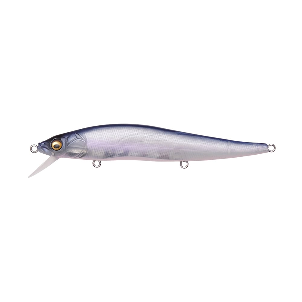 Explore the Megabass Vision 110 Jerkbait, a lifelike lure crafted by Megabass. It features a silver and blue fish-shaped body, accented with a vivid yellow eye and equipped with a clear plastic bill. This baitfish imitator comes with Katsuage Out-Barb Trebles and multiple underside attachment points for superior performance.