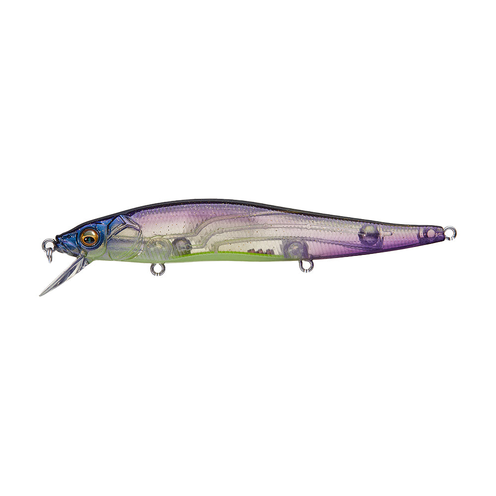 The Megabass Vision 110 Jerkbait by Megabass features a translucent body with a blue head, green underside, and purple accents, three metal attachment loops, and a small front lip—perfect for precision tournament fishing.