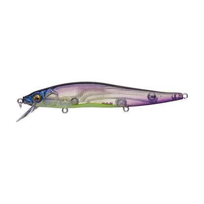 The Megabass Vision 110 Jerkbait by Megabass features a translucent body with a blue head, green underside, and purple accents, three metal attachment loops, and a small front lip—perfect for precision tournament fishing.
