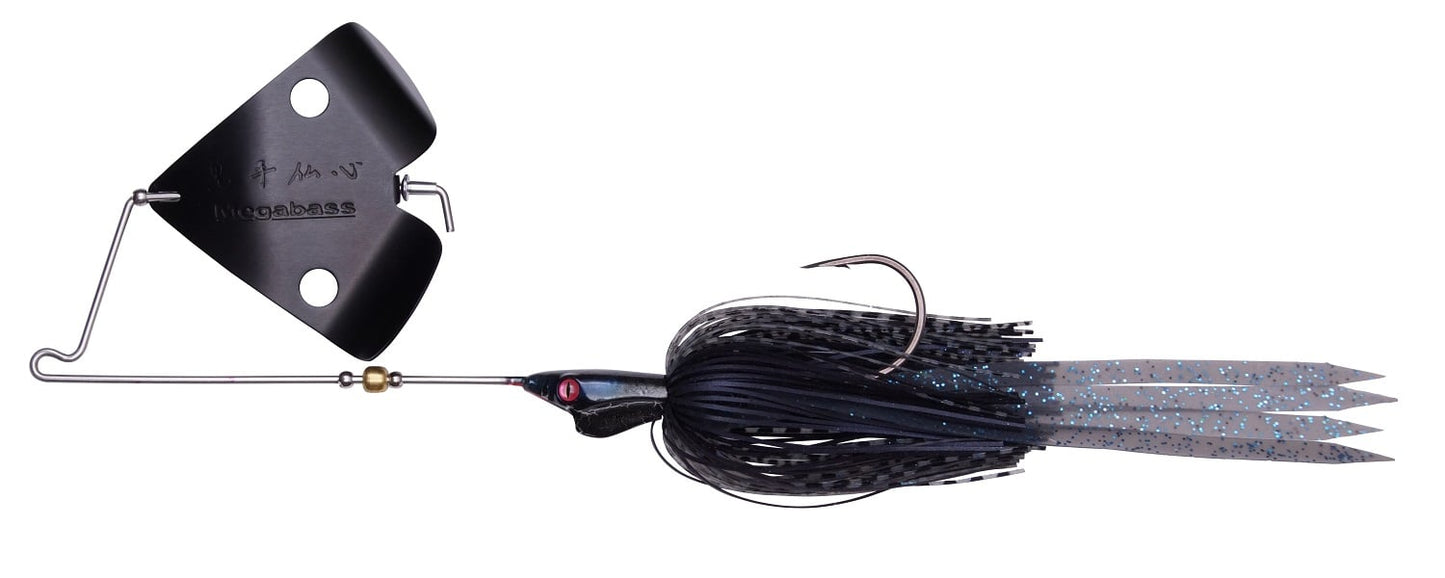 The Megabass Jamaica Boa Buzz Bait is a black skirted fishing lure from Megabass, featuring a metal blade and single hook, designed to attract fish.