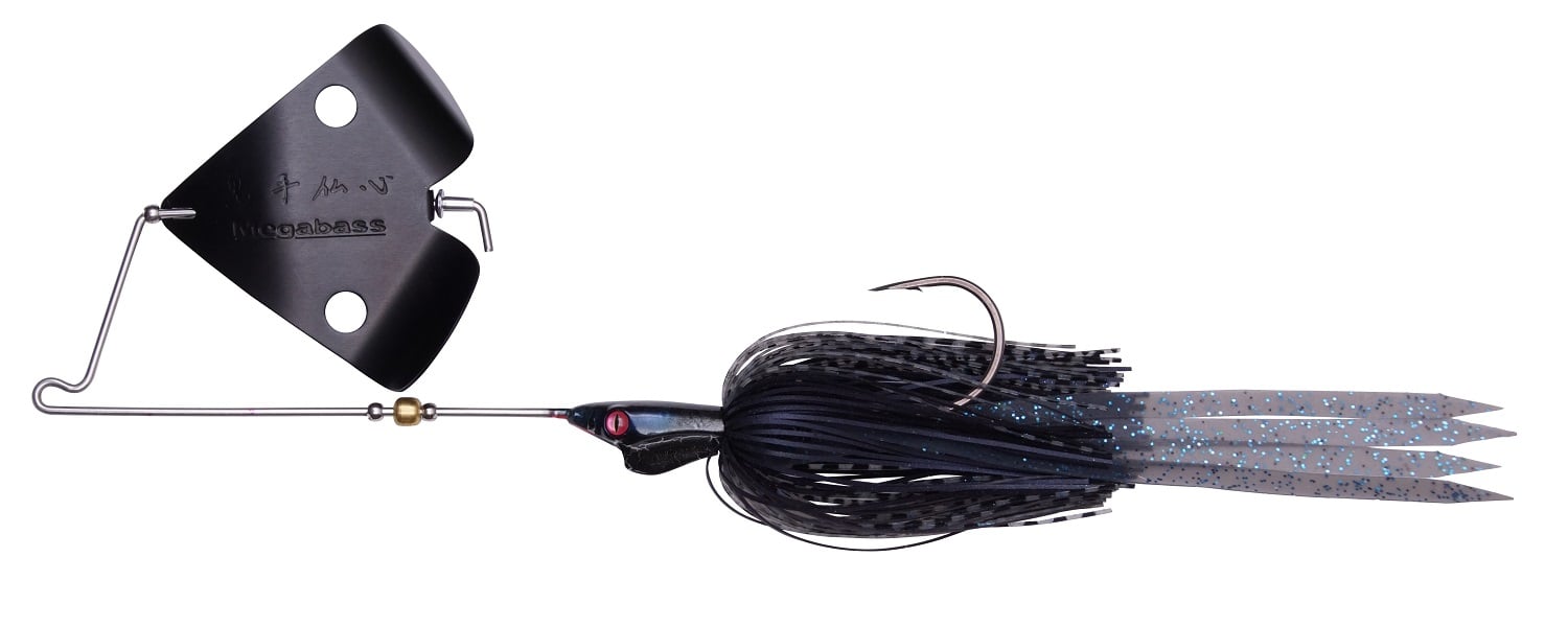 The Megabass Jamaica Boa Buzz Bait is a black skirted fishing lure from Megabass, featuring a metal blade and single hook, designed to attract fish.