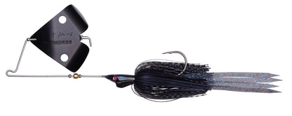 The Megabass Jamaica Boa Buzz Bait is a black skirted fishing lure from Megabass, featuring a metal blade and single hook, designed to attract fish.