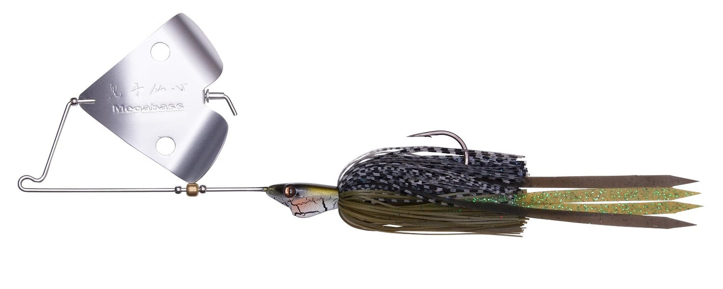 The Megabass Jamaica Boa Buzz Bait by Megabass features a silver blade, lifelike fish head, hook, and long HIRAMEN Skirt strands in black, olive, and glittery green.