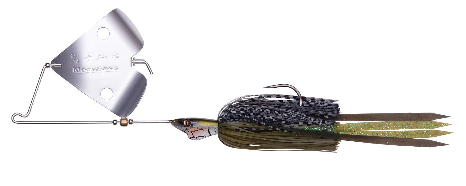 The Megabass Jamaica Boa Buzz Bait by Megabass features a silver blade, lifelike fish head, hook, and long HIRAMEN Skirt strands in black, olive, and glittery green.