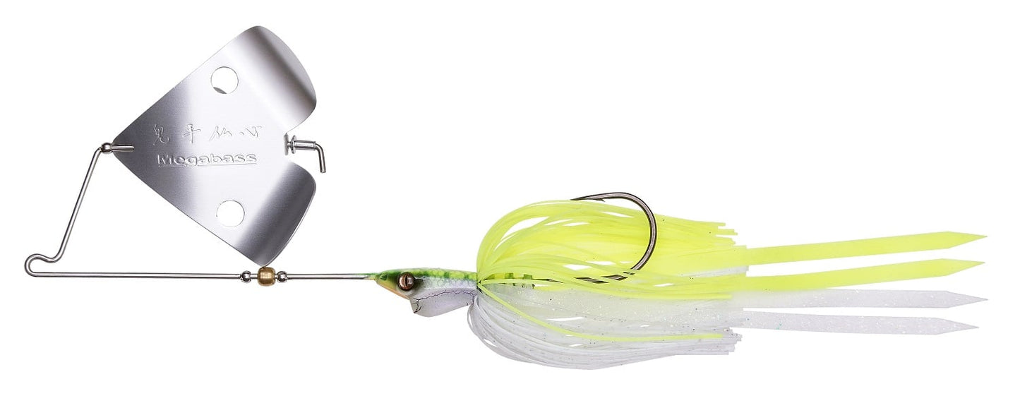 The Megabass Jamaica Boa Buzz Bait by Megabass features a silver blade, green and white head, and a long yellow and white HIRAMEN Skirt, expertly designed to attract fish.
