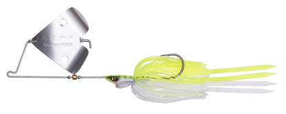 The Megabass Jamaica Boa Buzz Bait by Megabass features a silver blade, green and white head, and a long yellow and white HIRAMEN Skirt, expertly designed to attract fish.