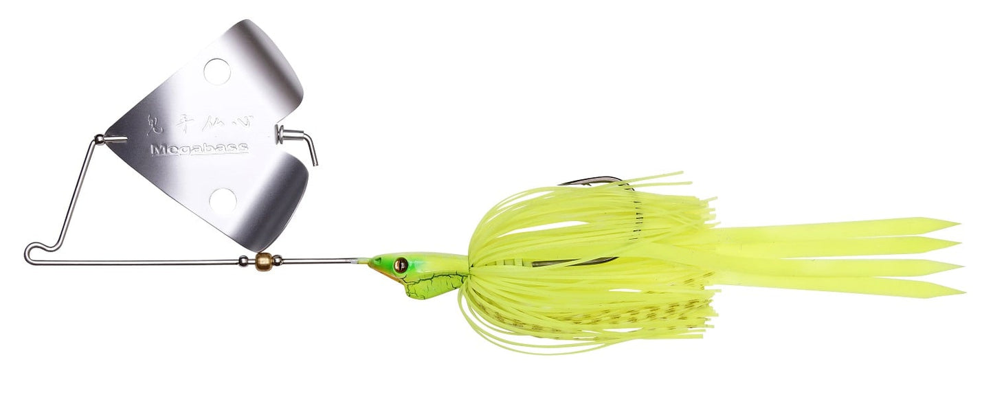 The Megabass Jamaica Boa Buzz Bait by Megabass features a chartreuse and yellow silicone skirt, metal blade, green head with painted eyes, and long trailing skirt for effective fishing.