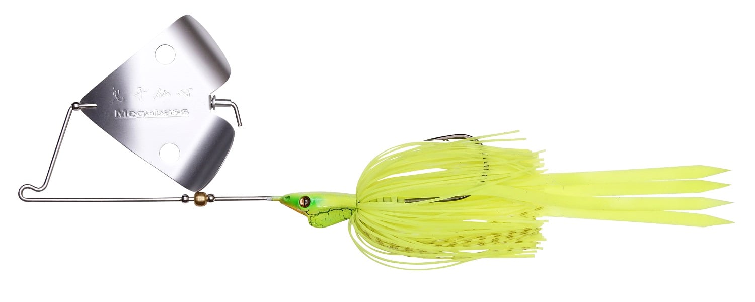 The Megabass Jamaica Boa Buzz Bait by Megabass features a chartreuse and yellow silicone skirt, metal blade, green head with painted eyes, and long trailing skirt for effective fishing.