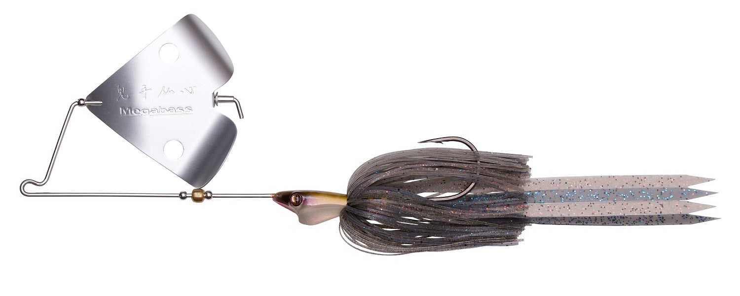 The Megabass Jamaica Boa Buzz Bait by Megabass features a metal blade on a wire frame, a fish-shaped head, and a glittery HIRAMEN Skirt made of striped plastic strands to attract fish.